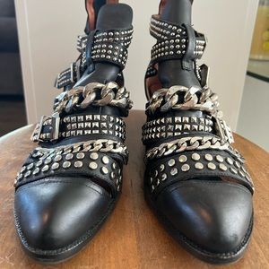JEFFREY CAMPBELL BUCKLE BOOTIES IN BLACK AND SILVER